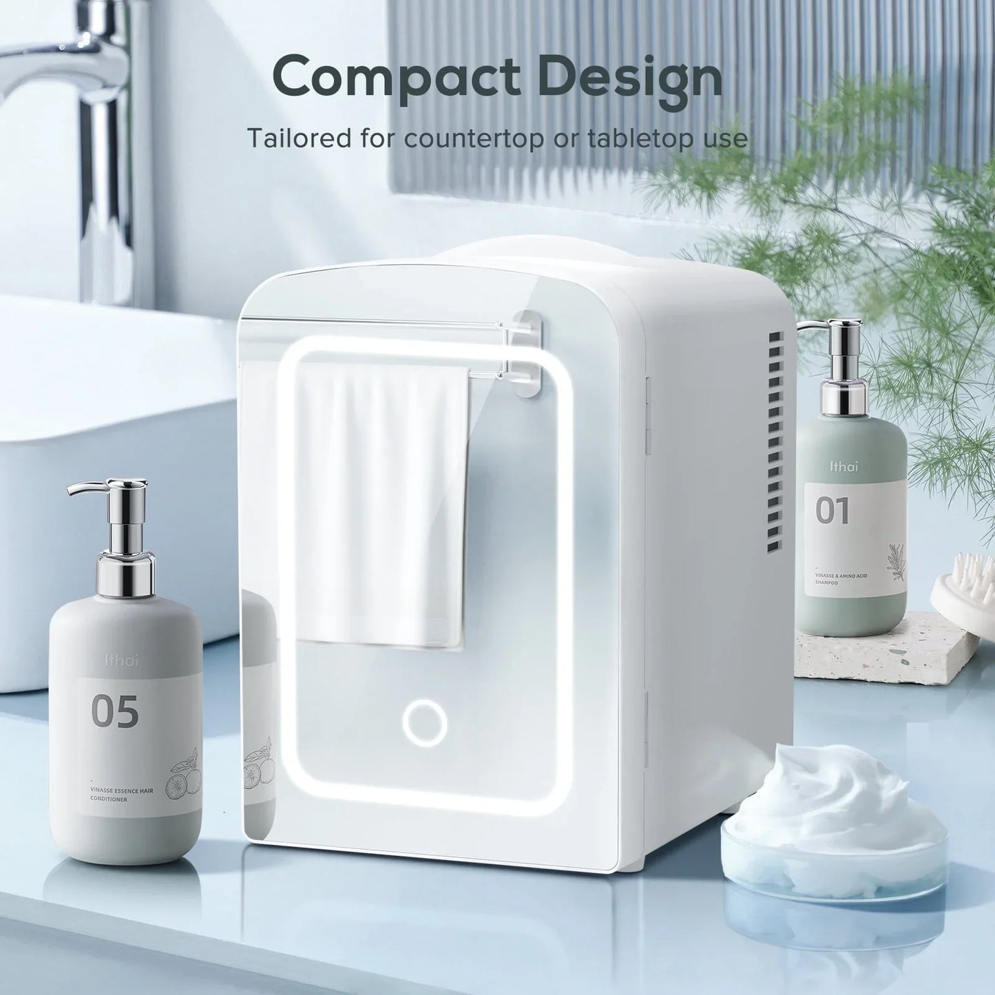 Auseo Mini Personal Fridge Cooler, LED Lighted Mirror, 4L Capacity Portable, Makeup and Skincare - AC/DC Refrigerator, Car, Office Desk & Dorm - Chills 6 Cans, White