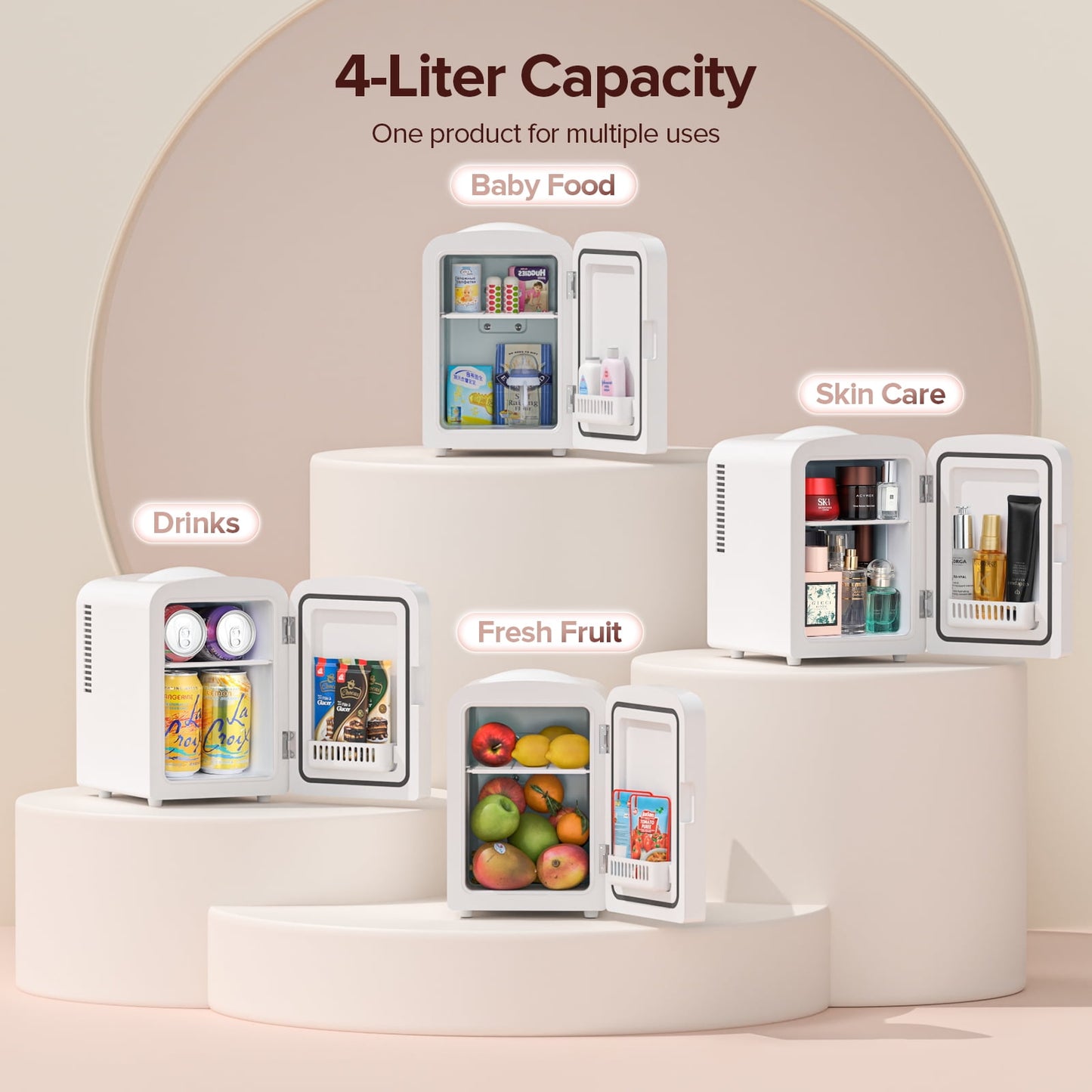 Auseo Mini Fridge Cooler Personal, Countertop, 4L/6 Cans, Warmer & Cooler, Front Door Stainless Steel, Fridge Magnet(Freebies), Option for Skincare, Makeup, Drinks, Dorm Room, Elegant White