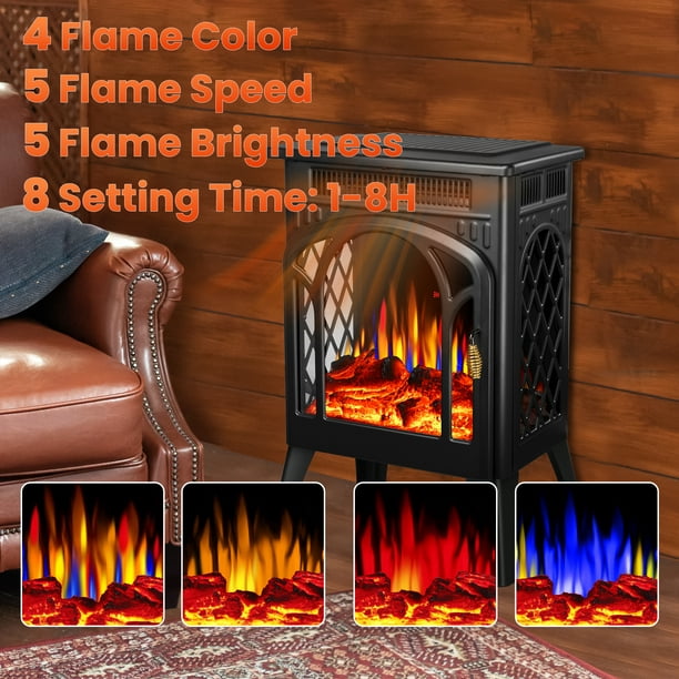 Auseo Electric Fireplace Heater 16" with 3D Realistic Flame Effect, Freestanding Fireplace with Remote Control, Timer, Different Flame Color,2 Heating Modes 500W/1500W, Black