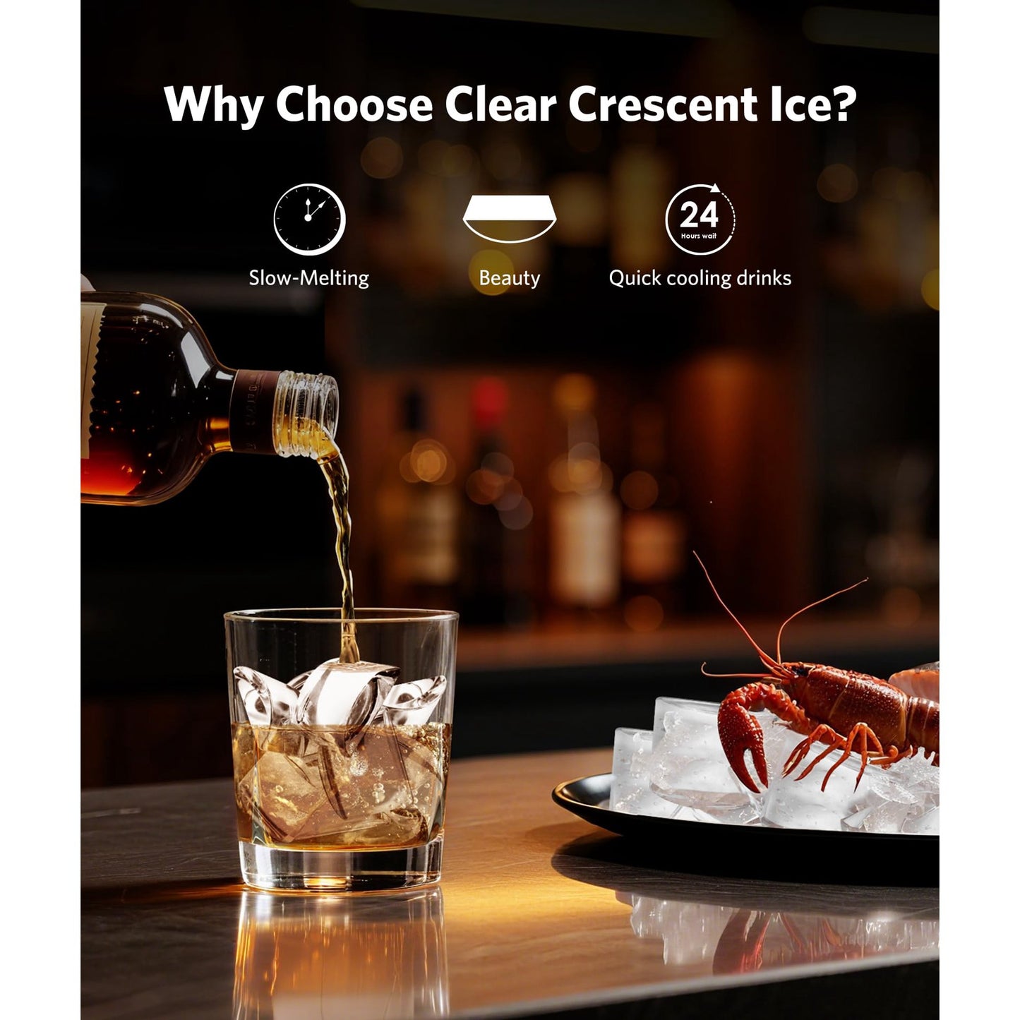 Auseo Crescent Ice Maker Countertop, 16pcs Crystal Clear Ice Cubes in 12 Min, 26 lbs/24H, 2000 Cubes Daily Portable Ice Machine with Self-Cleaning & Timer, Ideal for Home, Office, Party