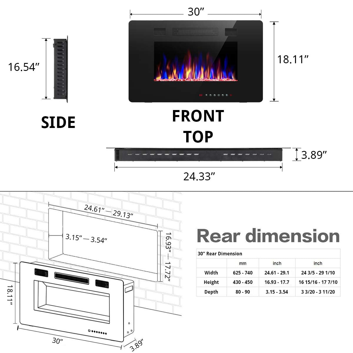 Auseo 30'' Wall Mounted Recessed Electric Fireplace Insert, Linear Fireplace, Ultra-Thin Lightweight LED Fireplace Heater, Touch Screen, Remote Control,