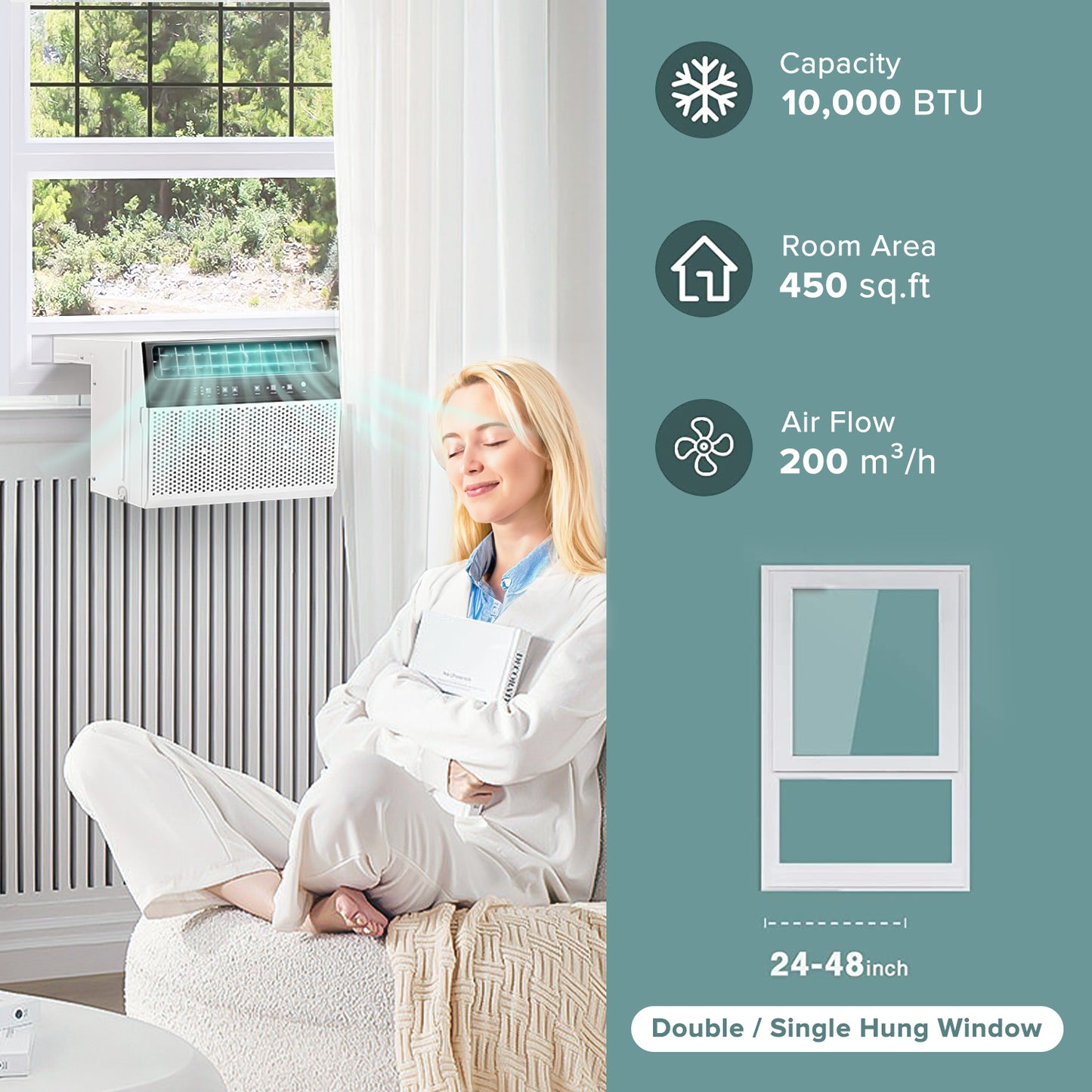 Auseo 6,300 BTU (10,000BTU ASHRAE) U-Shaped Window Air Conditioner, 450 Sq.ft., 6-in-1 Modes, 24H Timer, Energy-Saving, Low Noise, Remote Control for Rooms/Office/Apt, -White