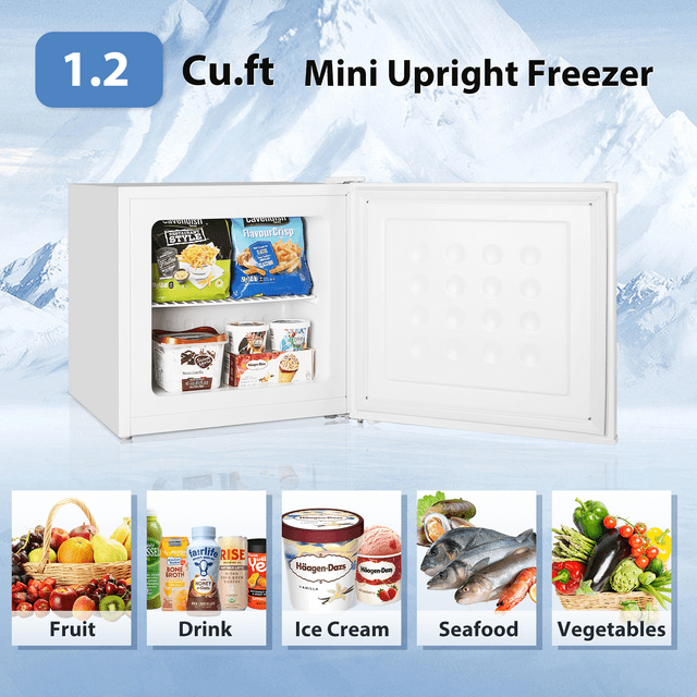 Auseo 1.2 Cu.ft Upright Compact Freezer, Mini Freezer with Handle, Reversible Single Door, Energy Saving & Adjustable Temperature & Quiet Operation for Dorm/Home/Office/Apt-White