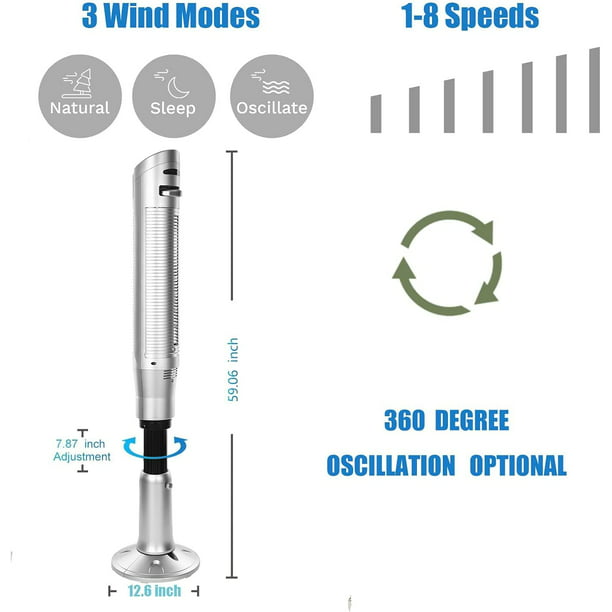 Auseo Tower Fan - 360° Oscillation, Remote, 8 Speeds, 3 Modes, Bladeless - LED Display - 59" (Silver)