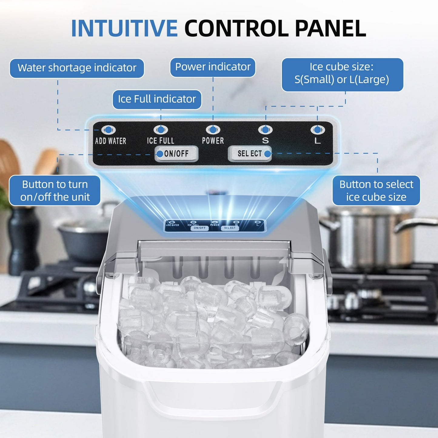 Auseo Countertop Ice Maker, 2 Sizes of Bullet Ice, 26Lbs/24H, 8 Ice Cubes in 6 Mins, Portable Ice Machine with Self-Cleaning for Home/Party/Travel/Camping (Grey)