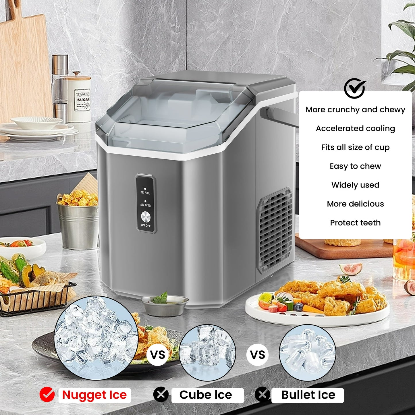 Auseo Nugget Ice Maker, Chewable Pellet Ice, Countertop, Handle, 34lbs/24H, for Kitchen/Office/Party (Gray)