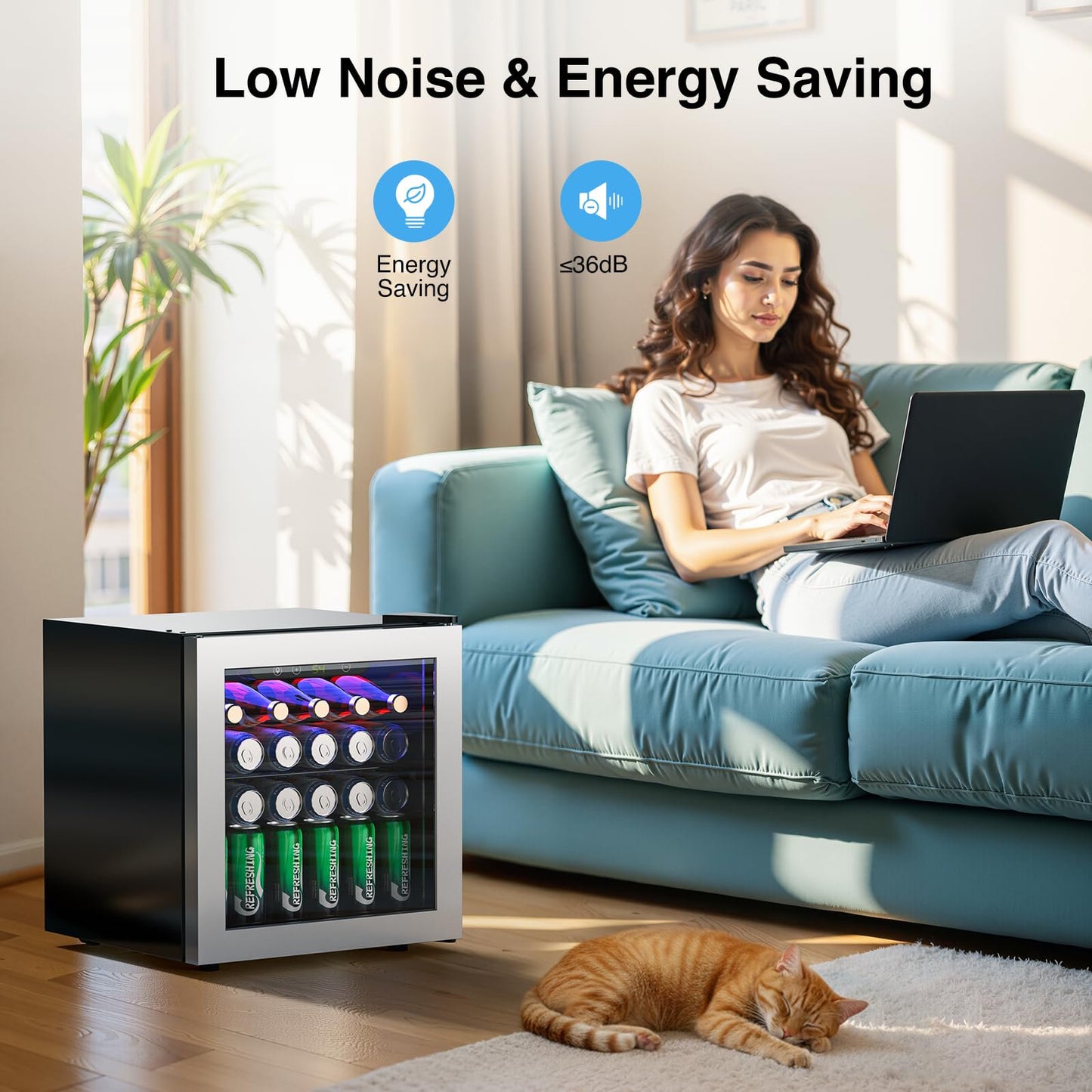 Auseo 55 Cans Mini Beverage Refrigerator & Wine Cooler with Seamless Stainless Steel Glass Door, Mini Fridge for Bedroom /Home/Office