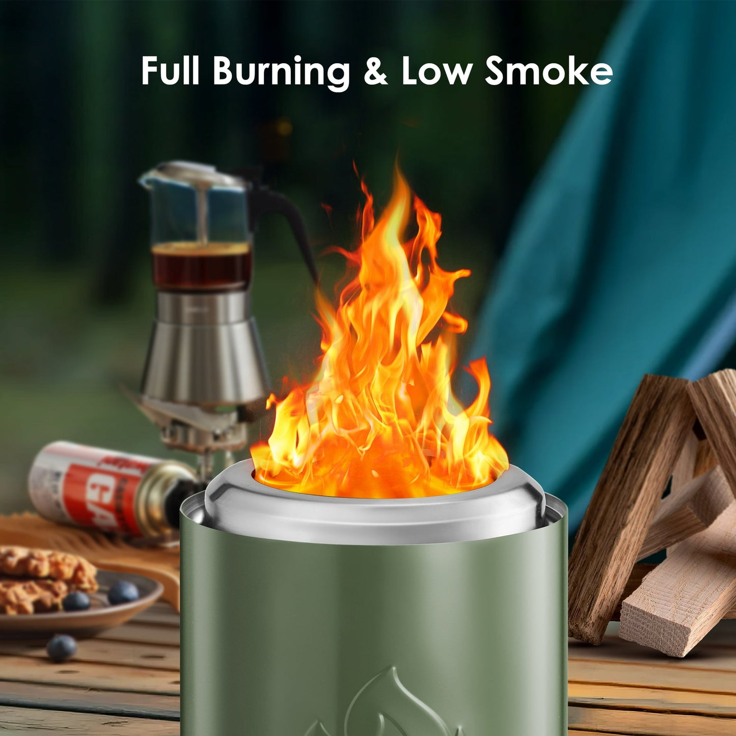 Auseo Tabletop Fire Pit Smokeless Outdoor Mini Fire Compact & Portable Dual Fuel with Portable Bag, Green