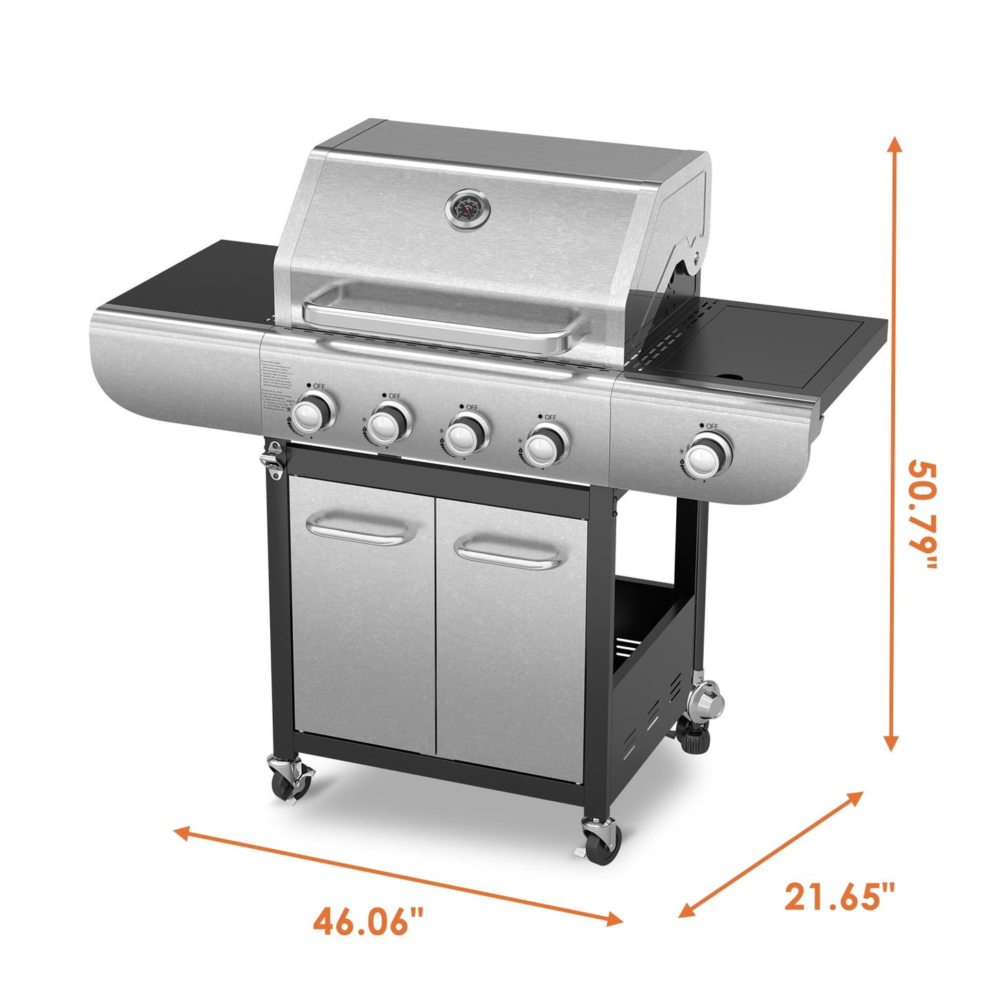 Auseo High-End Outdoor Liquefied Petroleum Gas Barbecue Grill, 4+1 Burner (53000BTU), High-Quality Stainless Steel, Silver