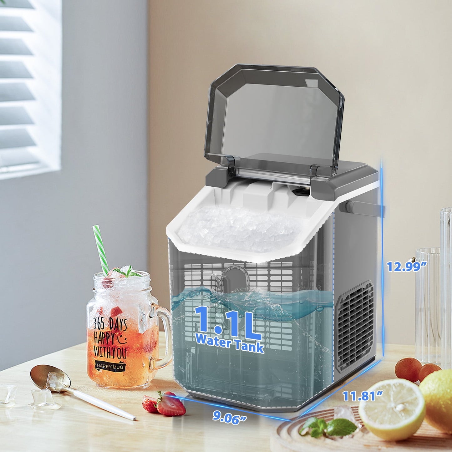 Auseo Countertop Nugget Ice Maker, Self-cleaning Portable Ice Maker Machine with Ice Scoop, 35Lbs/24H for Home/Office/Party, Grey