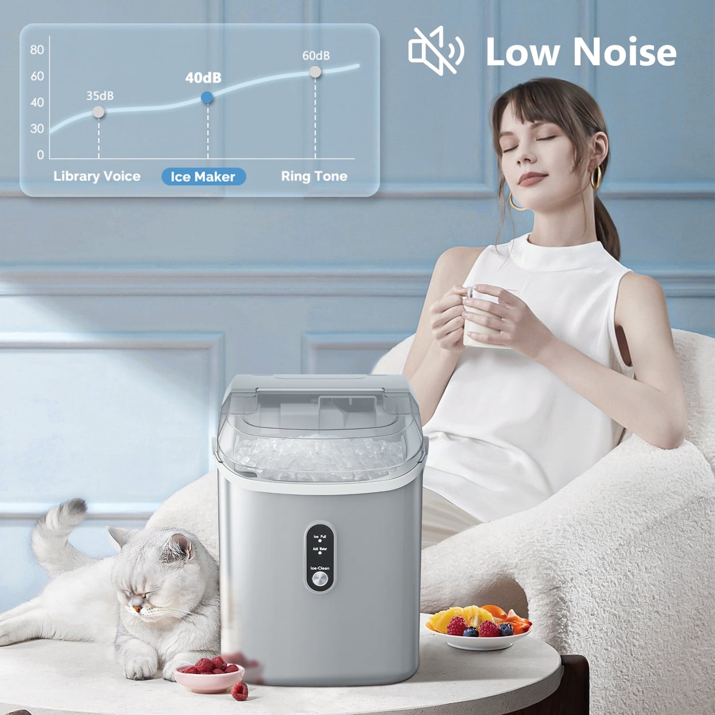 Auseo Nugget Ice Maker Countertop , 35lbs/24H, Self-Cleaning, Ice Basket & Ice Shovel & Handle, for Home/Office/Party, Gray