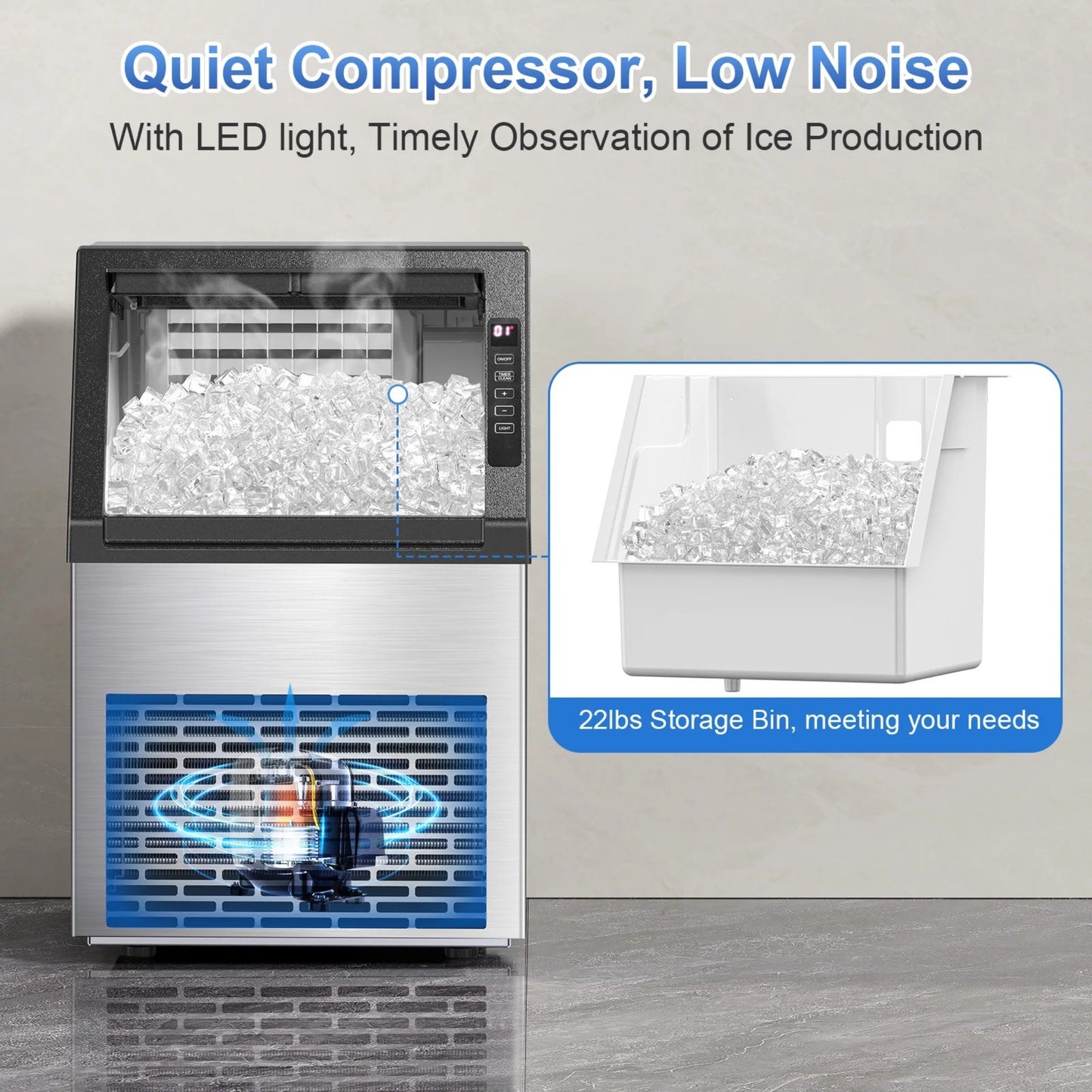 Auseo 80Lbs/24H Commercial Ice Maker Machine With 22Lbs Ice Storage Capacity, Compact Freestanding Under Counter Self Cleaning Stainless Steel Ice Machine for Home/Bar/Restaurant