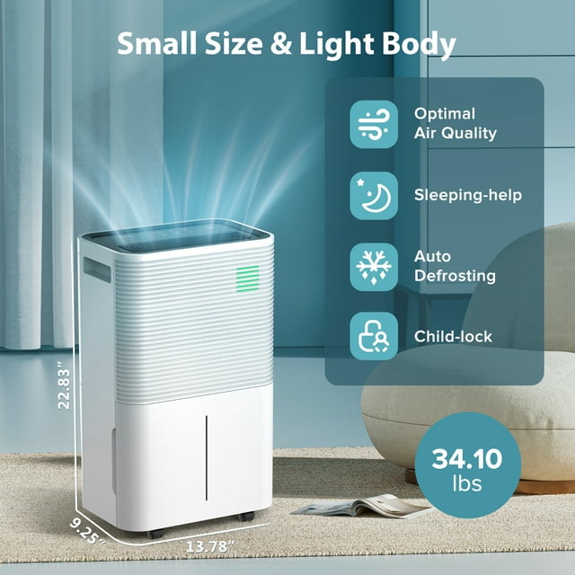 Auseo 45 Pint 3-in-1 Dehumidifier, Portable with Handle and Drain Hose, Ideal for Basement/Bathroom/Laundry Room