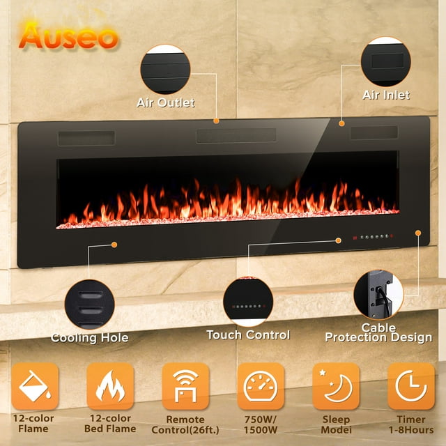 Auseo 68 inch Embedded Wall Mounted Indoor Electric Fireplace, Ultra-thin Low Noise Lightweight LED Fireplace Heater, Touch Screen, Timer, 1500W, Adjustable Flame Color and Speed, Black