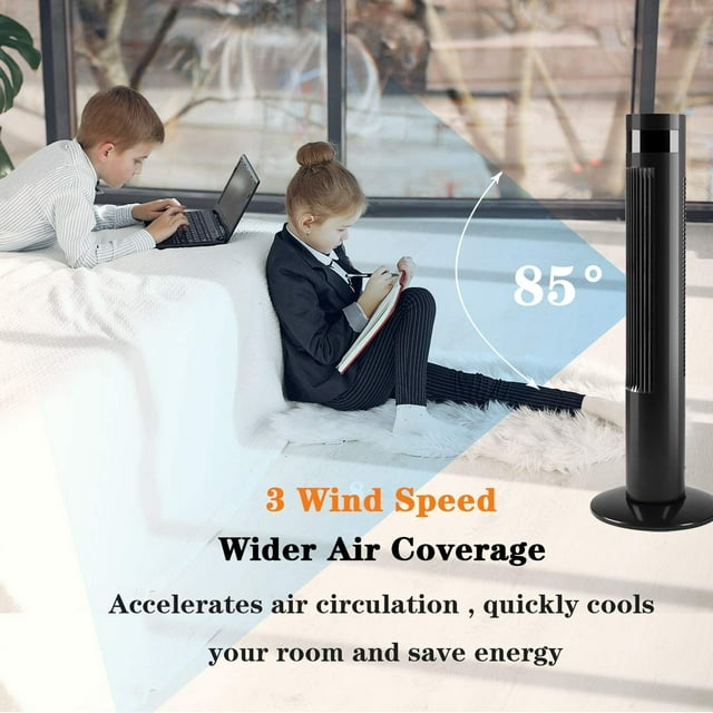 Auseo 43" Tower Fan with Oscillation, Remote Control and LED Display, 3 Powerful Wind Modes, up to 12 H Timer Bladeless Standing Fan, Portable Fan for Children, Home, Dormitory or Office-Black