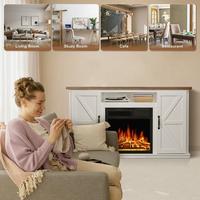 Auseo 48'' Freestanding Electric Fireplace with Log Insert, Remote Control, Walnut Mantel, Adjustable 3D Flame for Rooms up to 400 Sq.Ft. Large Storage - Walnut & White