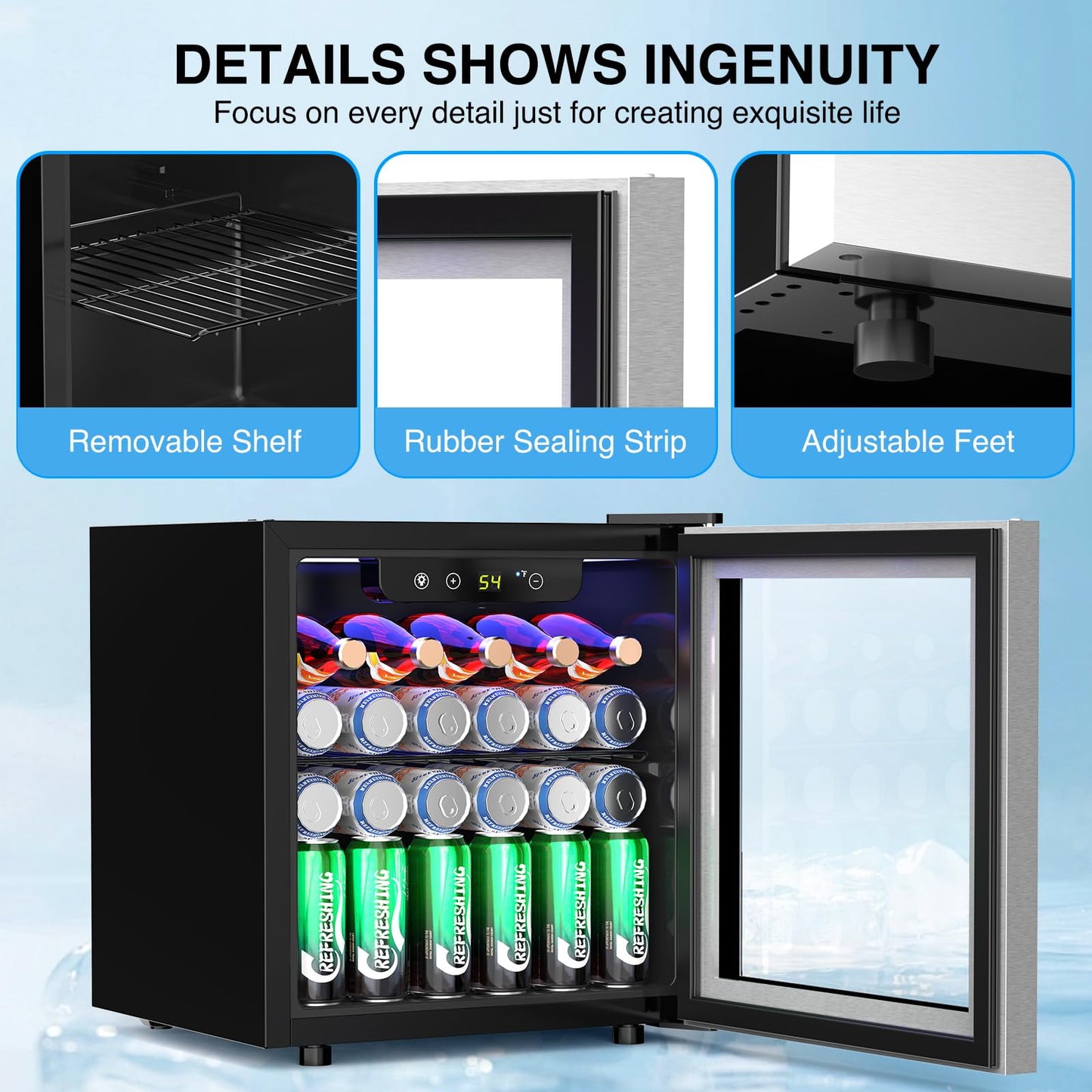 Auseo 55 Cans Mini Beverage Refrigerator & Wine Cooler with Seamless Stainless Steel Glass Door, Mini Fridge for Bedroom /Home/Office