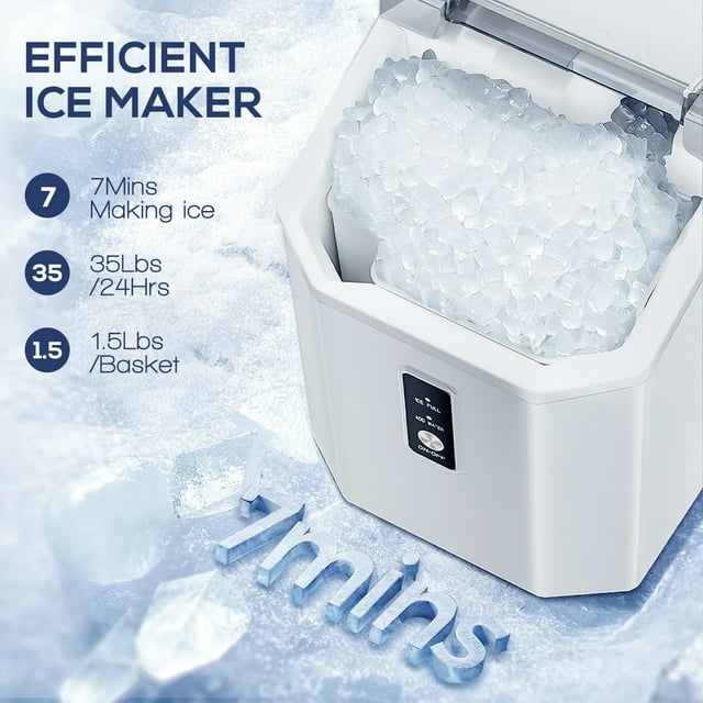 Auseo Nugget Ice Maker Countertop with Soft Chewable Pellet Ice, Portable Ice Machine with Handle, 34lbs/24H, for Kitchen/Office/Party (White)