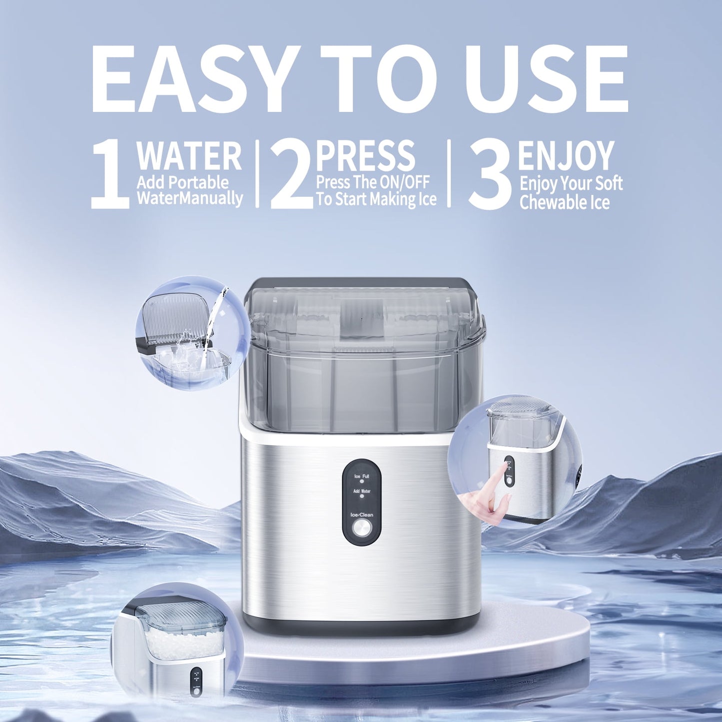 Auseo Nugget Ice Maker Countertop, Portable Ice Maker Machine with Self-Cleaning Function, 35lbs/24H, Home/Kitchen/Office, Stainless Steel Silver