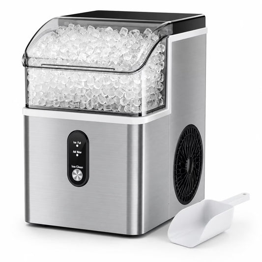 Auseo Nugget Ice Maker Countertop, 35Lbs/24H , 6 Min/Round with Self-Cleaning Stainless Steel Ice Machine，Silver