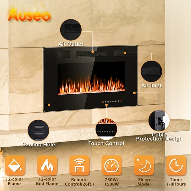 Auseo 30 inch Embedded Wall Mounted Indoor Electric Fireplace, Ultra-thin Low Noise Lightweight LED Fireplace Heater, Touch Screen, Timer, 1500W, Adjustable Flame Color and Speed, Black