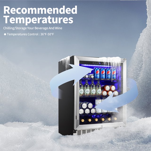 Auseo 24 inch Beverage Refrigerator, Built-in Wine Cooler, Clear Glass Door, Digital Memory Temperature Control, Beer Soda LED Light& Quiet Operation