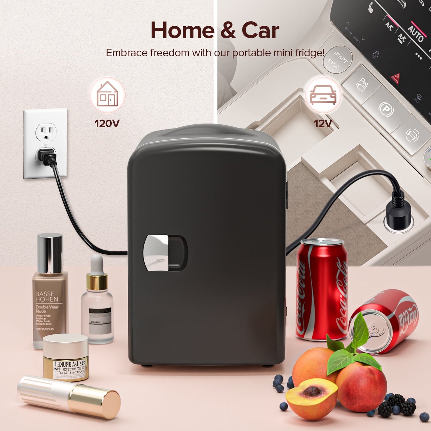 Auseo Mini Portable Fridge Personal, Countertop, 4L/6 Cans, Cooler Small Refrigerator, AC/DC, Option for Skincare, Makeup, Drinks, Dorm Room