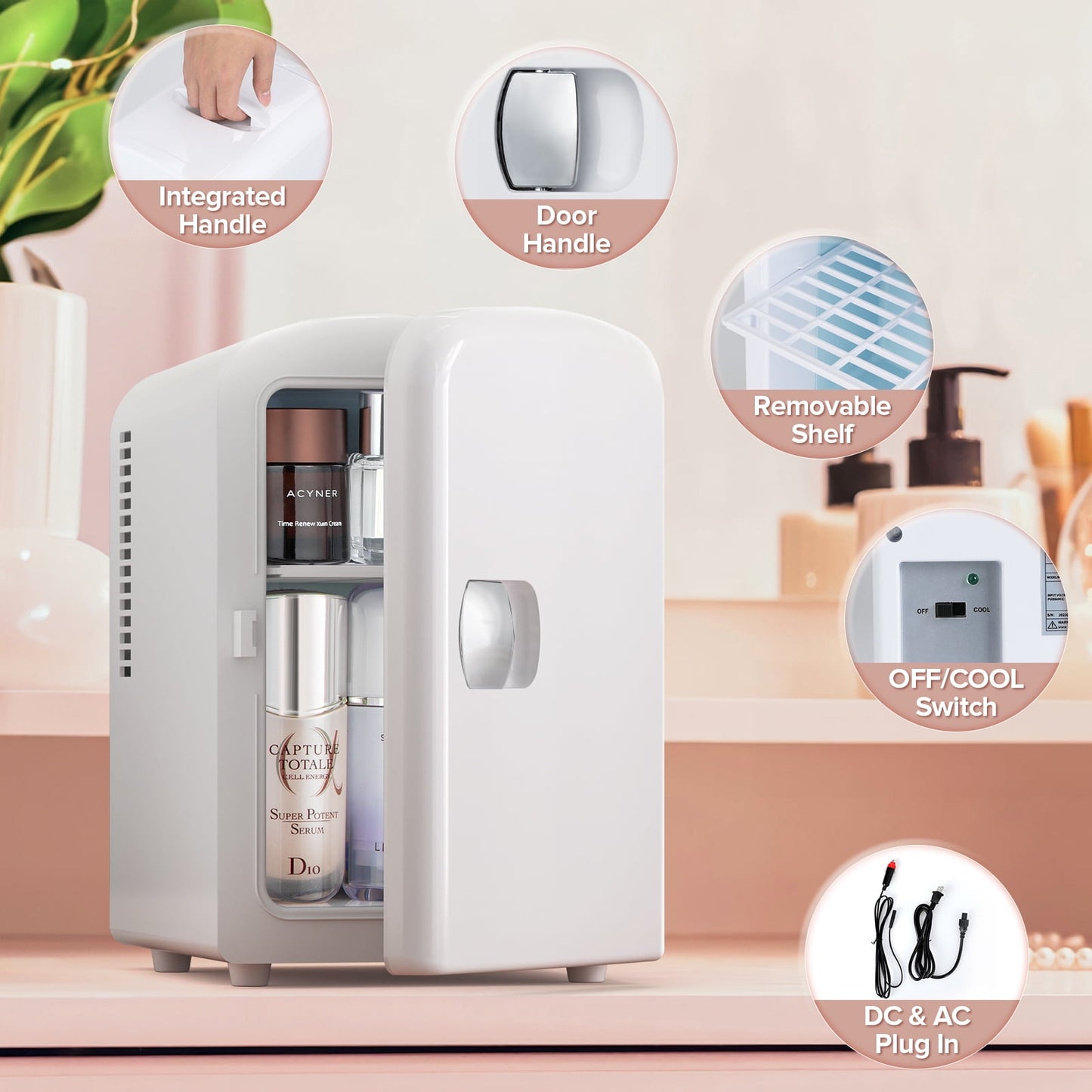 Auseo Mini Portable Fridge Personal, Countertop, 4L/6 Cans, Cooler Small Refrigerator, AC/DC, Option for Skincare, Makeup, Drinks, Dorm Room, White