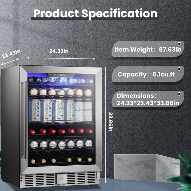 Auseo Beverage Refrigerator Cooler, 5.1Cu.ft, Wine or Champagne Cooler with a Lock LED Light, Temperature Control 24inch