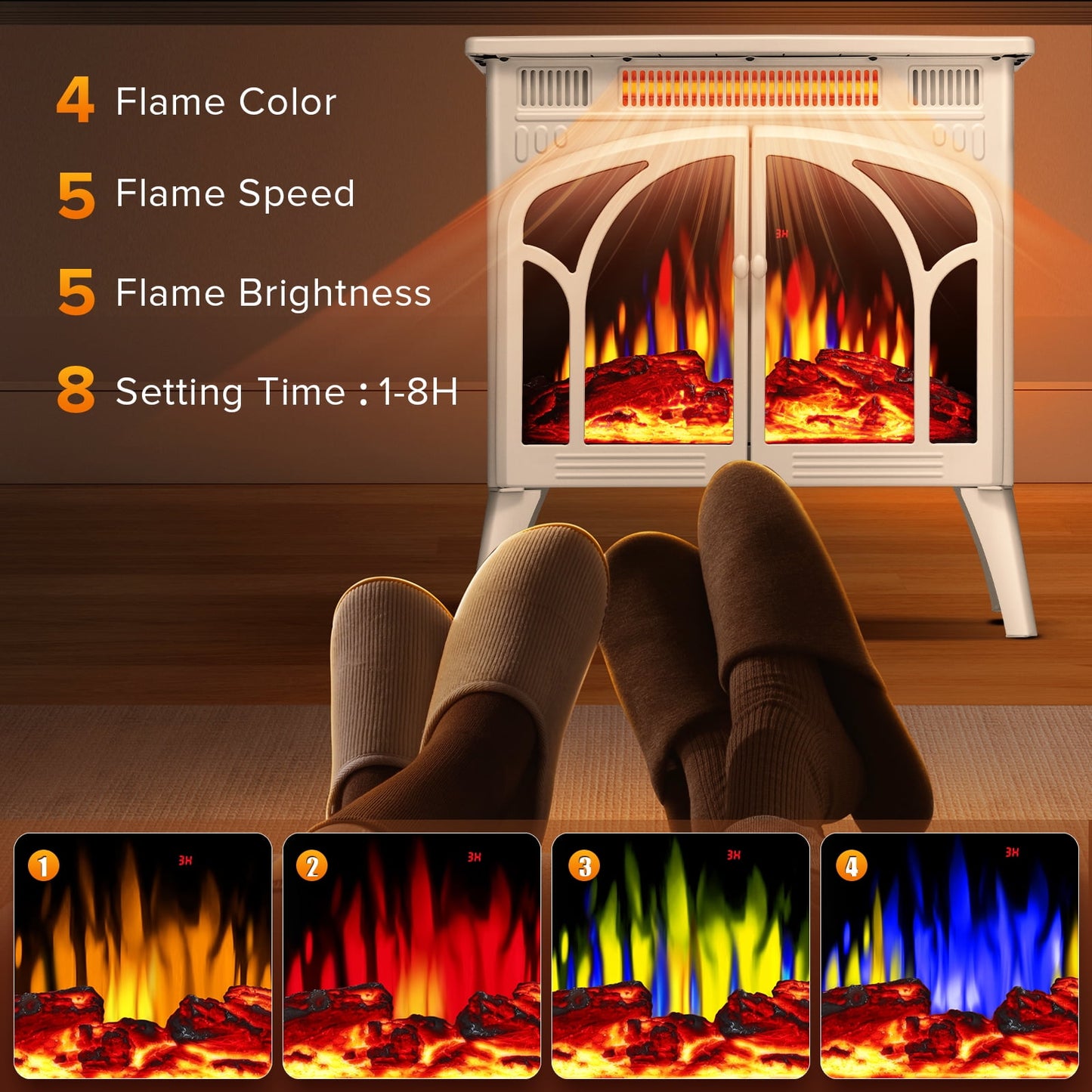 Auseo Electric Fireplace Heater 25’’ with 3D Realistic Flame Effect, Freestanding Fireplace with Remote Control, Timer, Different Flame Color,2 Heating Modes 500W/1500W