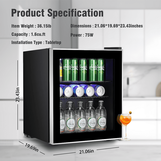 Auseo 1.6cu.ft Wine Cooler Cabinet Beverage Refrigerator Mini Clear Front Glass Door Counter Bar Fridge-Black