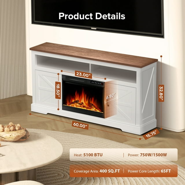 Auseo 60'' Electric Fireplace Mantel，Remote Control, Adjustable LED Flame, 750W/1500W Free Standing Fireplace（White）