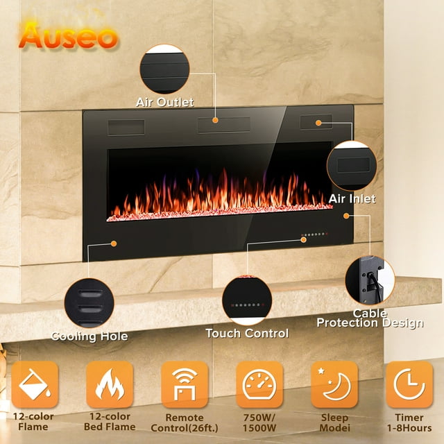 Auseo 36 inch Embedded Wall Mounted Indoor Electric Fireplace, Ultra-thin Low Noise Lightweight LED Fireplace Heater, Touch Screen, Timer, 1500W, Adjustable Flame Color and Speed, Black