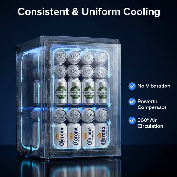 Auseo Beverage Refrigerator 24 Cans Mini Fridge, Portable Wine Cooler Refrigerator with Glass Door, Quiet Compressor Drink Fridge for Bedroom/Office,Black