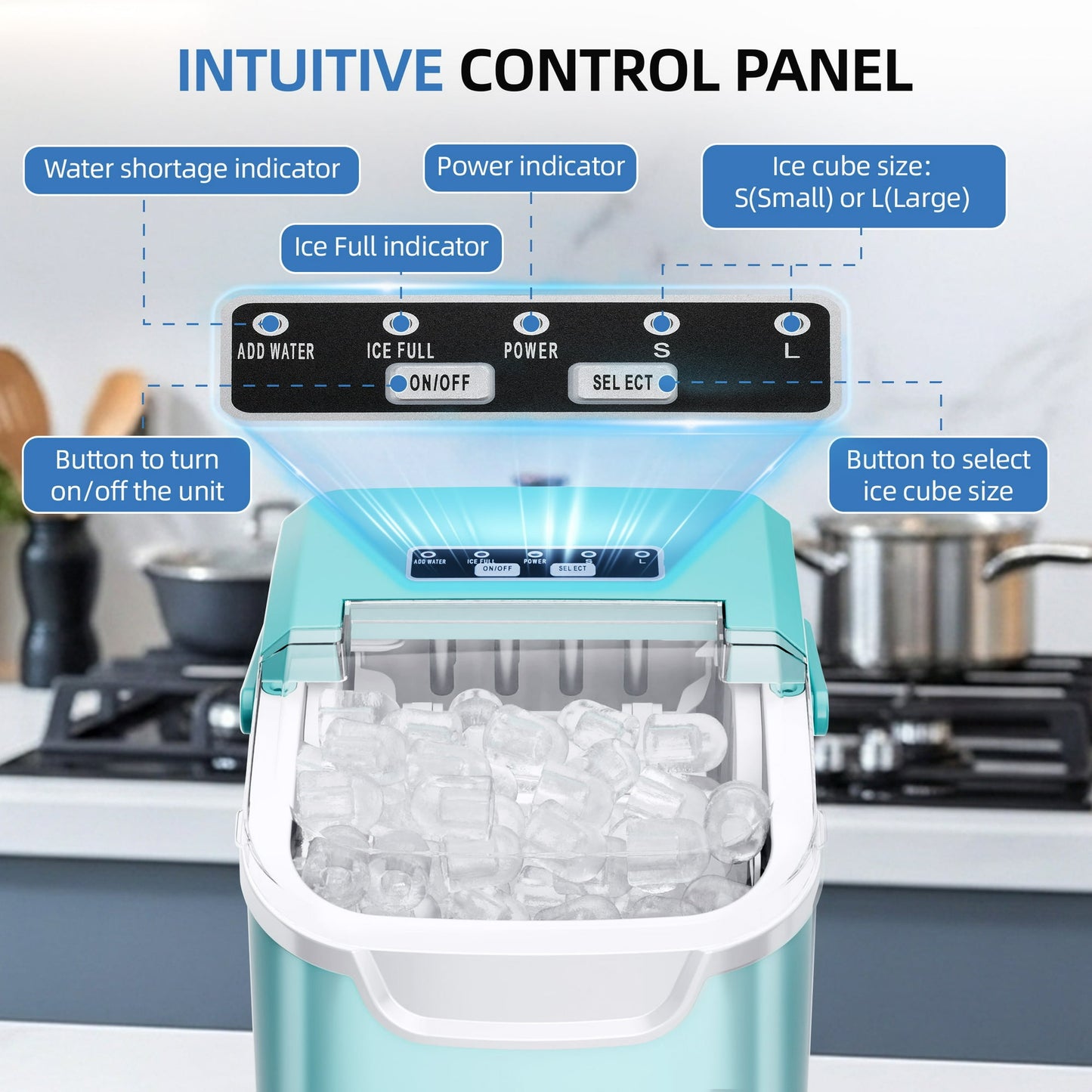 Auseo Countertop Ice Maker, 2 Sizes of Bullet Ice, 26Lbs/24H, 8 Ice Cubes in 6 Mins, Portable Ice Machine with Self-Cleaning for Home/Party/Travel/Camping (Light Green)