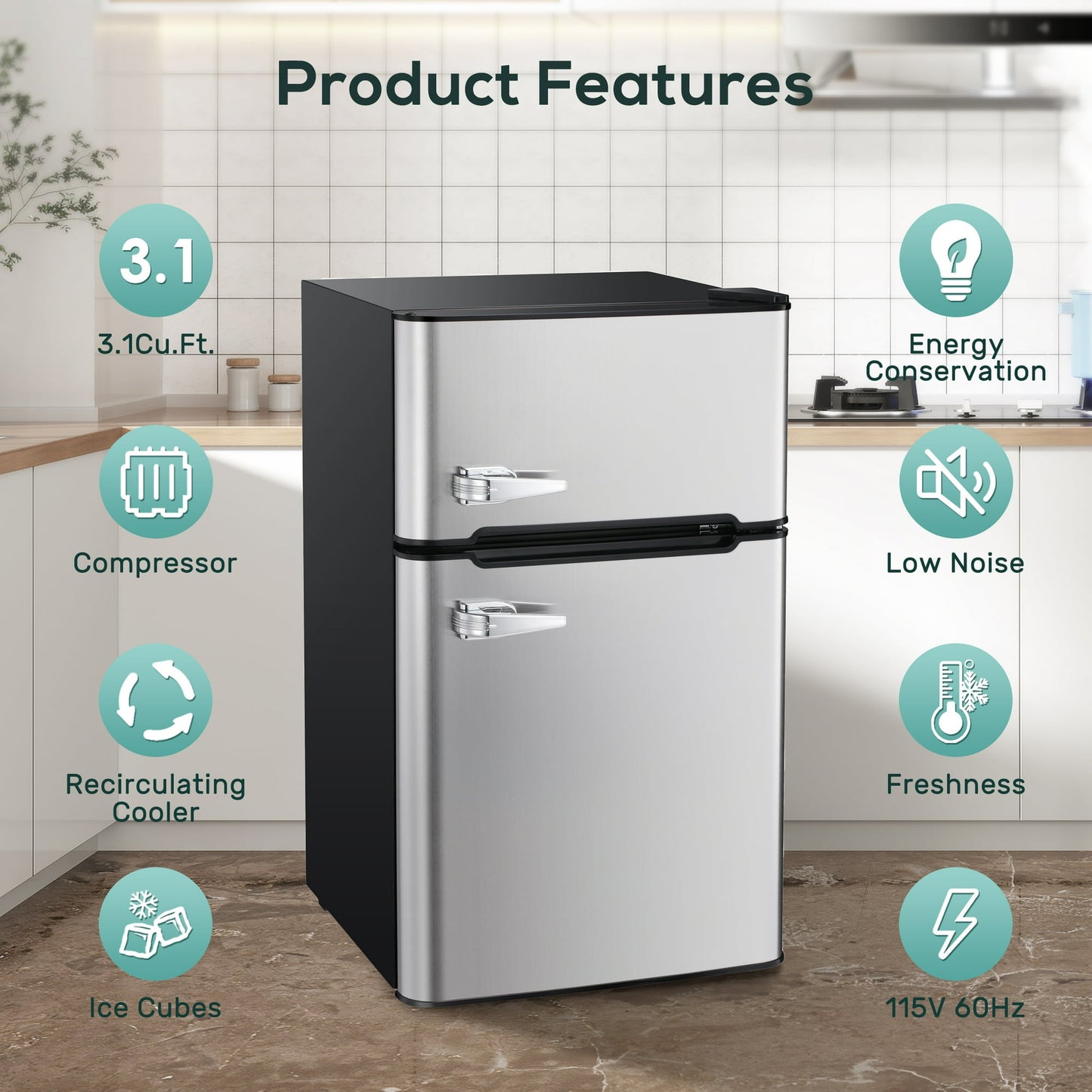 Auseo Double Door 3.1 Cu. ft Compact Refrigerator with Top Door Freezer, Freestanding Mini Fridge with Adjustable Temperature, Silver