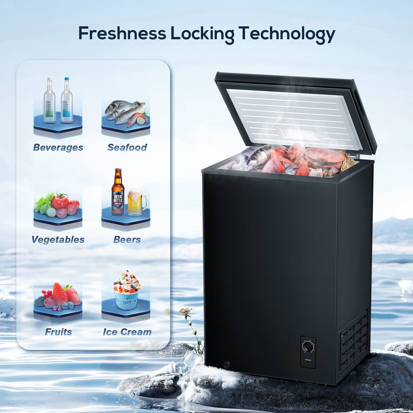 Auseo Mini Chest Freezer 3.5 Cubic Feet, Free Standing Top Open Door, Compact Freezer with Adjustable Temperature-Black