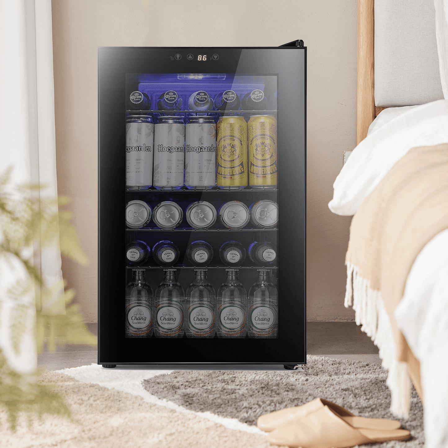 Auseo 2.3cu.ft Beverage Refrigerator Cooler-85 Can Mini Fridge with Glass Door for Soda/Beer/Wine, Drink Dispenser Machine Digital Display Under Counter Wine Cooler for Home/Office/Dorm, Black