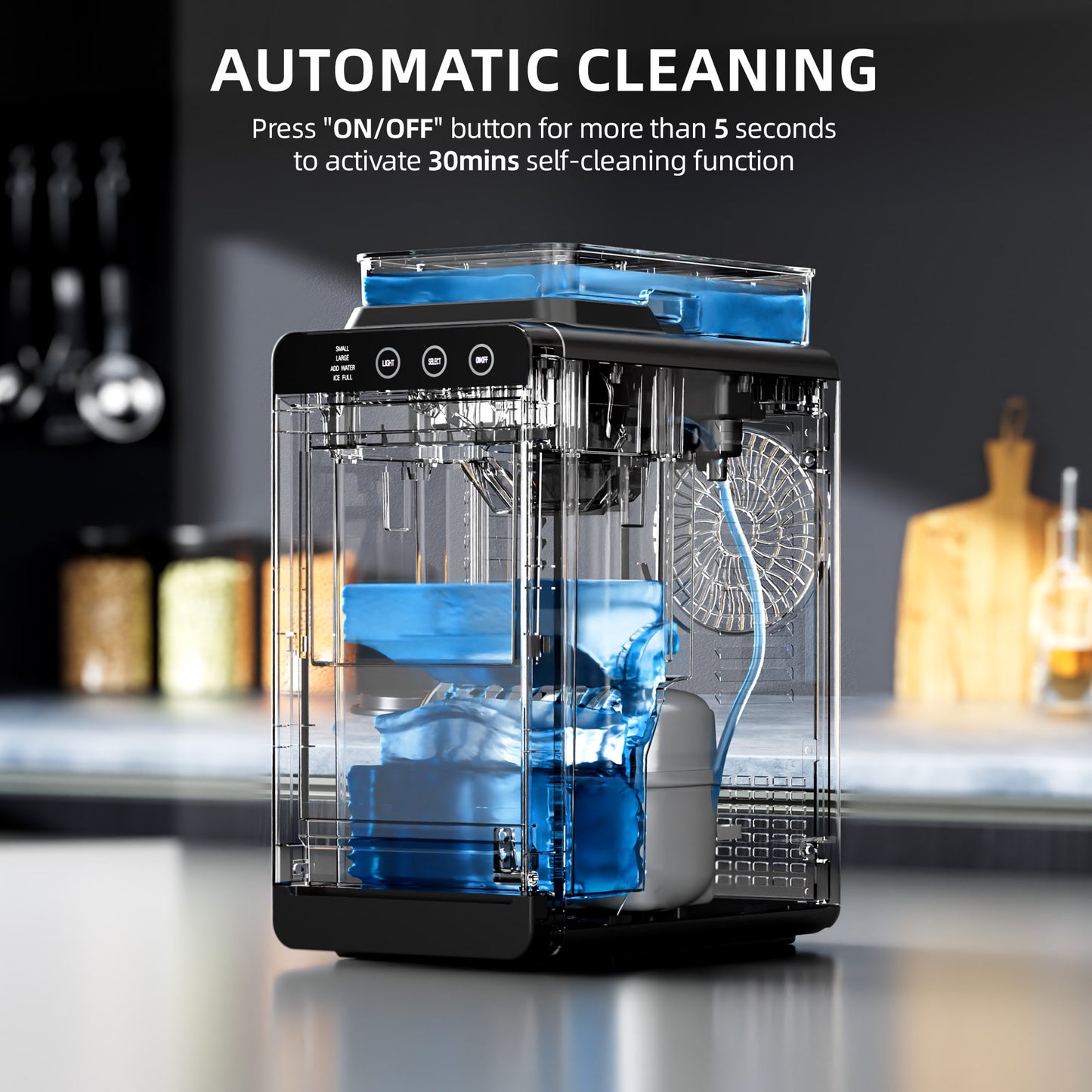 Auseo Countertop Ice Maker Portable, 26 lbs/Day, 8Pcs in 6Mins, Auto-Cleaning, Ice Machine with Ice Scoop, for Home/Office/Party(Black, Water Tank)