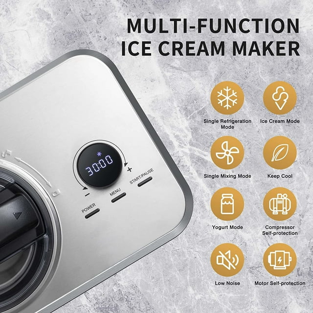 Auseo 1.5qt Compressor Ice Cream Maker - Electric Automatic, Keep Cool Function - No Pre-Freezing Required - Ice Cream, Gelato, Sorbet, Frozen Yogurt - No Salt Needed