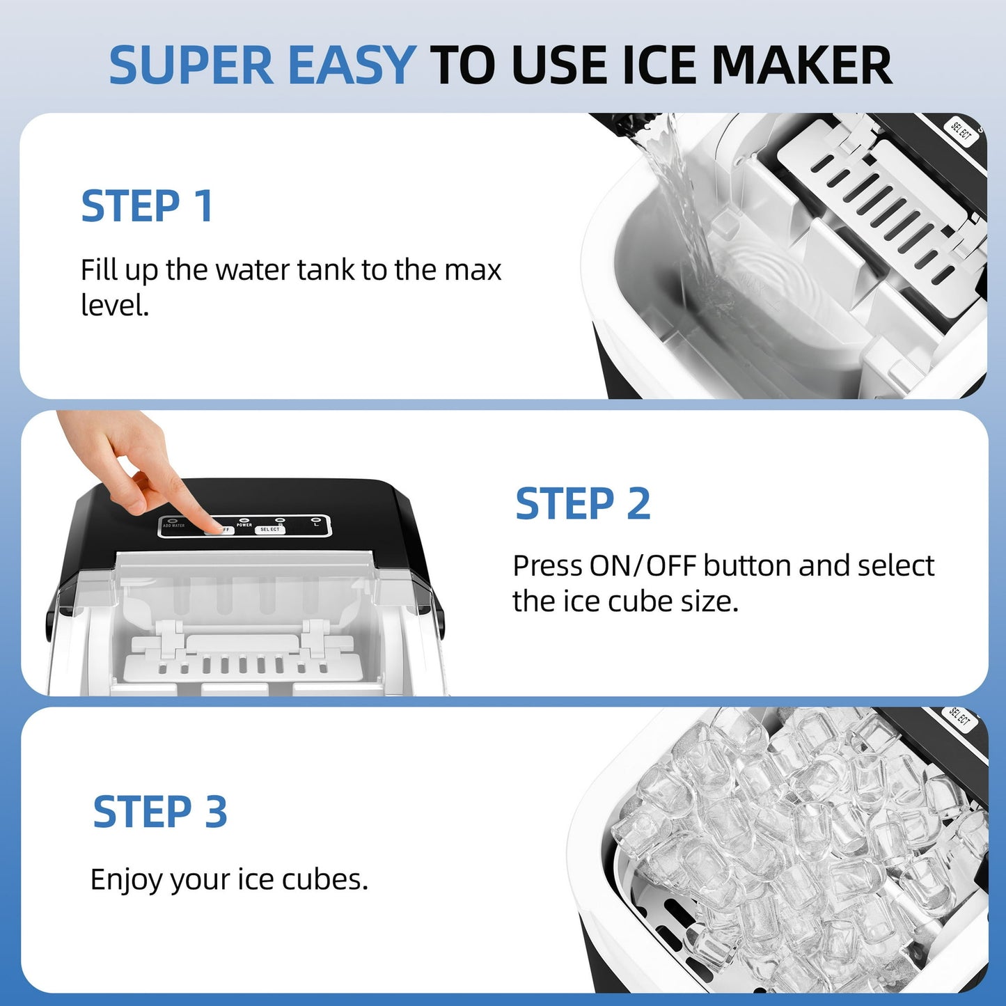 Auseo Countertop Ice Maker, 2 Sizes of Bullet Ice, 26Lbs/24H, 8 Ice Cubes in 6 Mins, Portable Ice Machine with Self-Cleaning for Home/Party/Travel/Camping (Black)