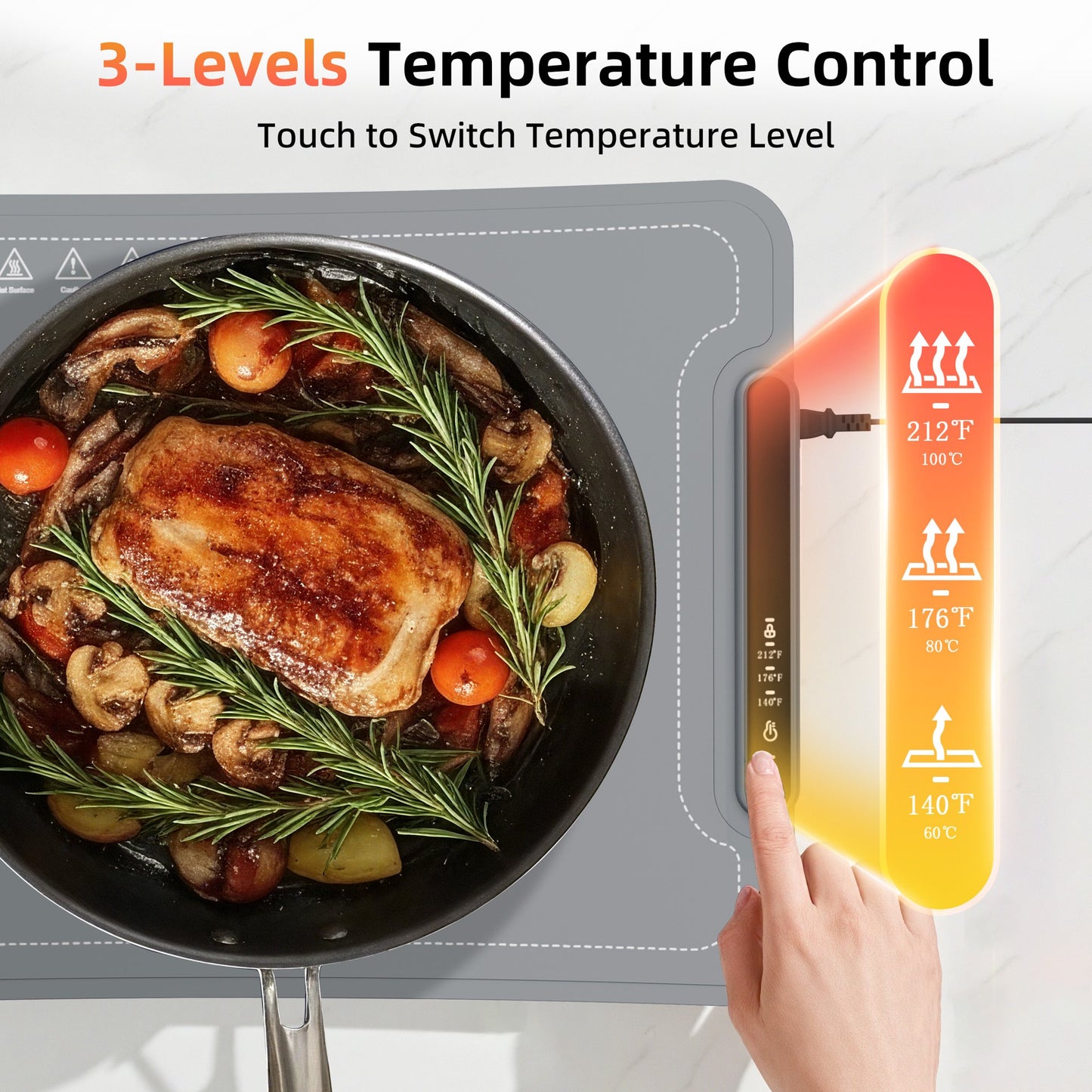 Auseo Food Warming Mat, Portable Silicone Electric Warming Tray, Warming Mat for Food for Buffets Party and Home Daily Use, 3 Level Temperature, 4 Hours Auto-Off, Easy to Clean, Grey