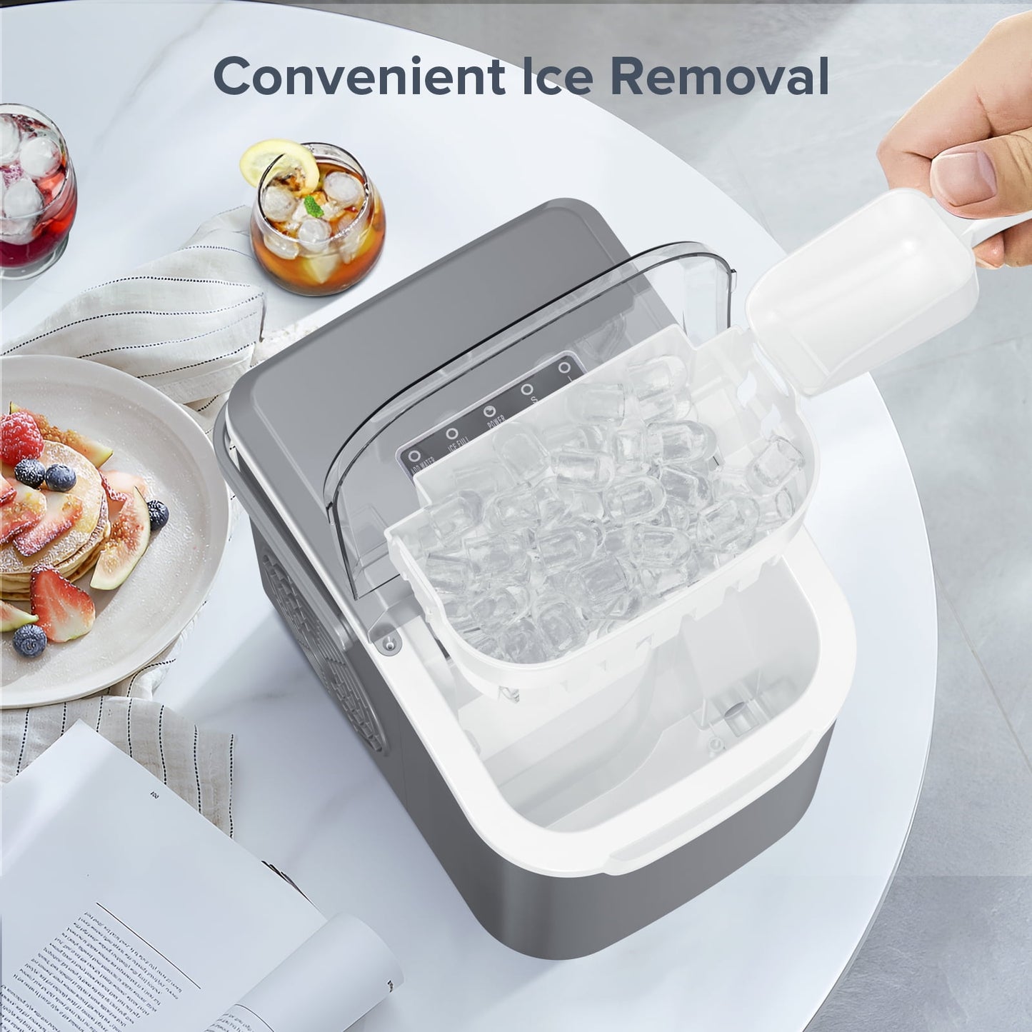 Auseo Portable Ice Maker Countertop, 8 Cubes Ready in 6 Mins, 2 Sizes of Bullet Ice Cubes, 26lbs in 24Hrs, Self-Cleaning Ice Machine with Handle, for Kitchen/Office/Bar/Party-Grey
