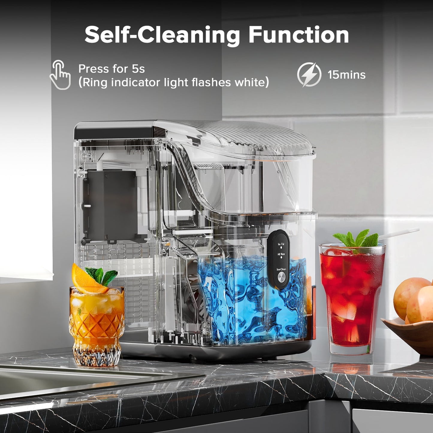 Auseo Nugget Ice Makers Countertop,Portable Ice Machine with Soft Ice , 35lbs/24h,Auto-Cleaning,One-Click Operation for Home Use,Silver