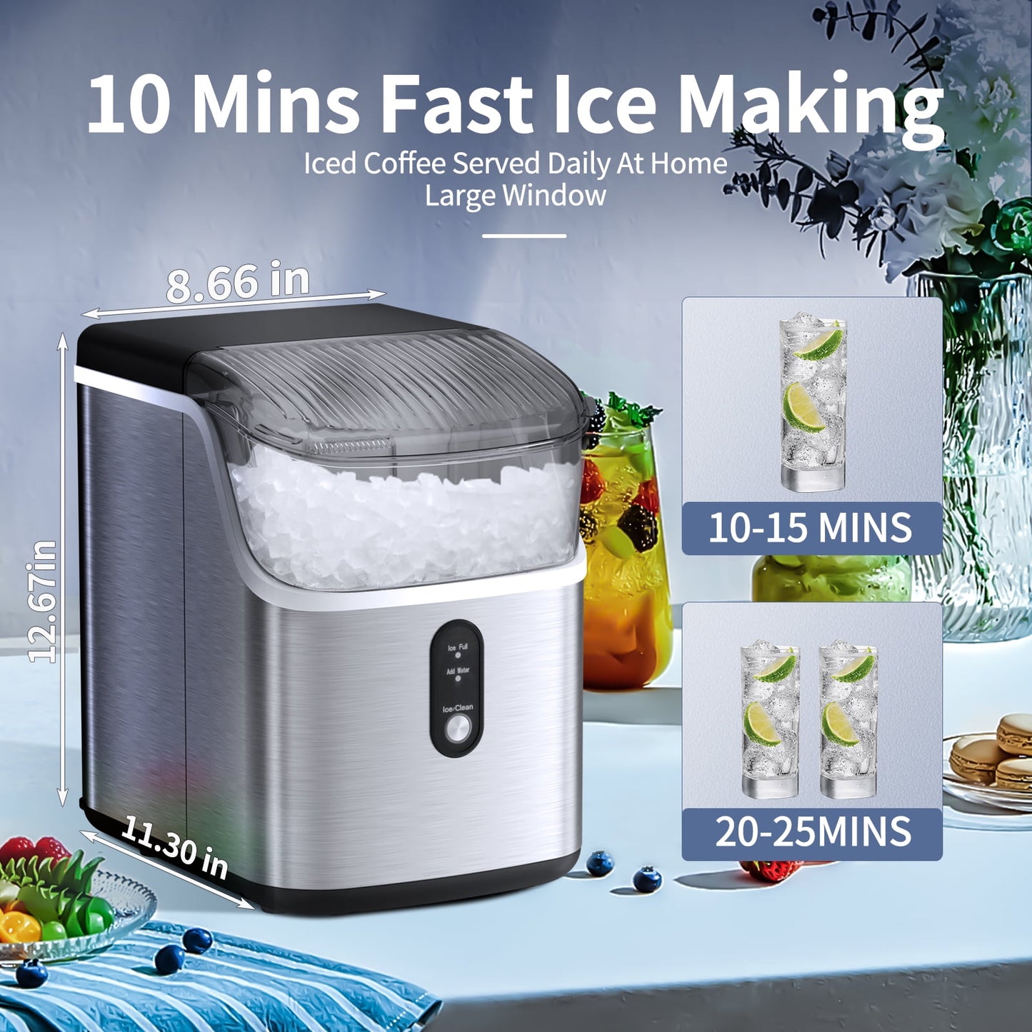 Auseo Fingerprint-resistant Nugget Ice Maker Countertop with Soft Chewable Pellet Ice, 35lbs/24H, Self-Cleaning, Stainless Steel, for Home/Office/Party - (Silver)