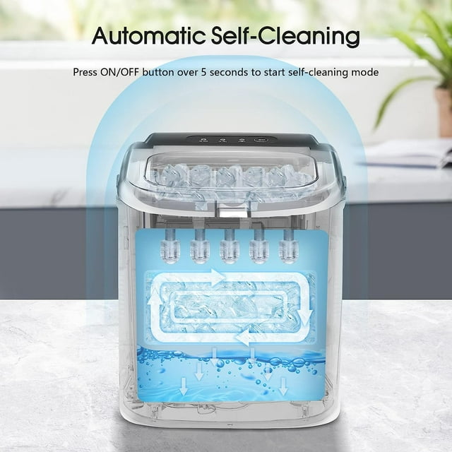 Auseo Ice Makers Countertop,Protable Ice Maker Machine with Handle,Self-Cleaning Function, 26Lbs/24H, 9 PCS Ready in 8 Mins, with ice Scoop and Basket,for Home/Office/Kitchen-Black