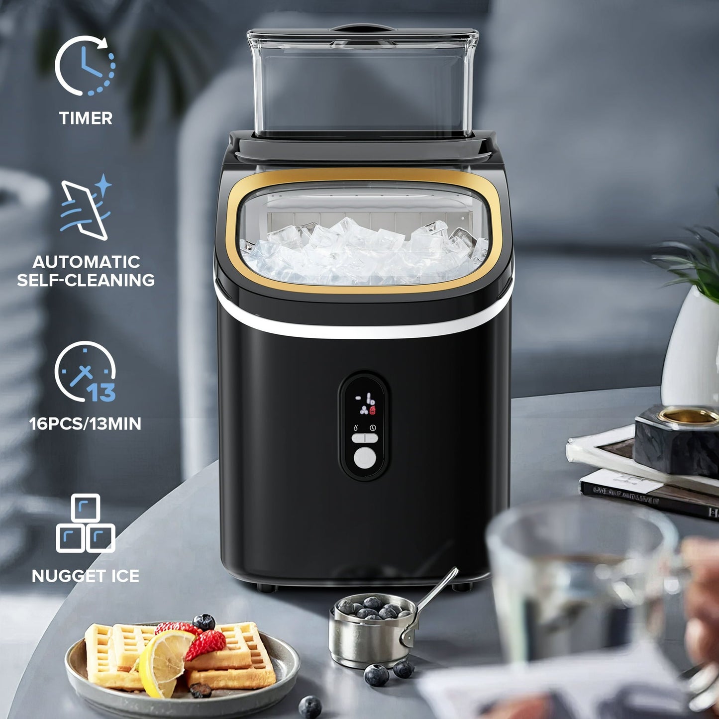 Auseo Ice Maker with 1.5L Detachable Water Tank, Cube Ice, Timing Function, Party/Kitchen/Office, Black