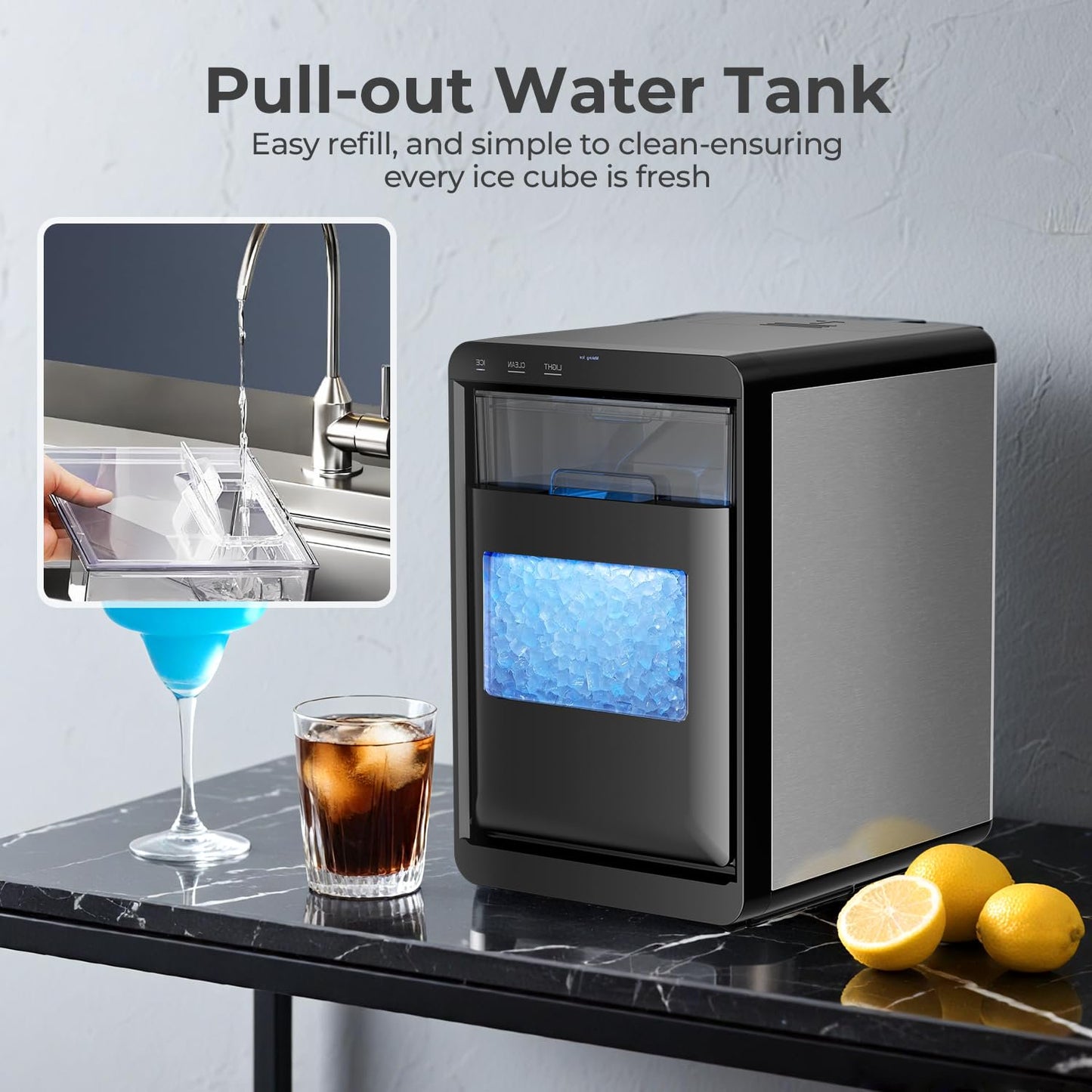 Auseo Nugget Ice Maker Countertop, 44lbs / 24H, Self-Cleaning Portable Ice Machine with LED Display, 10-15 Min Fastly Making for Home, Office, Bar
