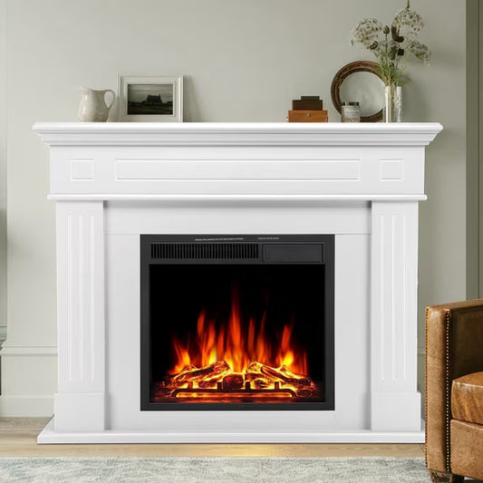 Auseo Electric Fireplace Mantel Package Wooden Surround Firebox Electric Fireplace Heater with Logs, Adjustable Led Flame, Remote Control for Room, 750W-1500W, Pearlwhite