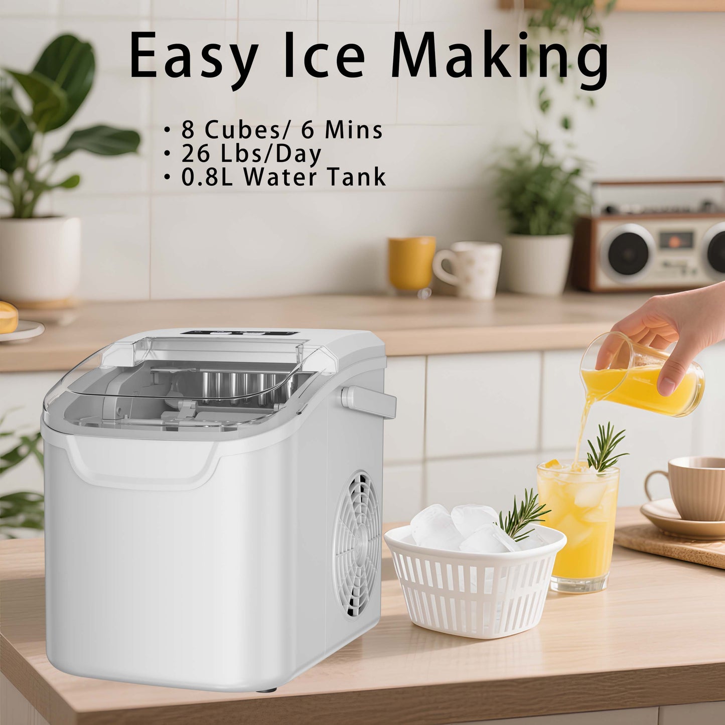 Auseo Portable Ice Maker Countertop, 2 Sizes of Bullet Ice Cubes, Self-Cleaning Ice Machine with Handle for Kitchen/Office/Bar/Party, White